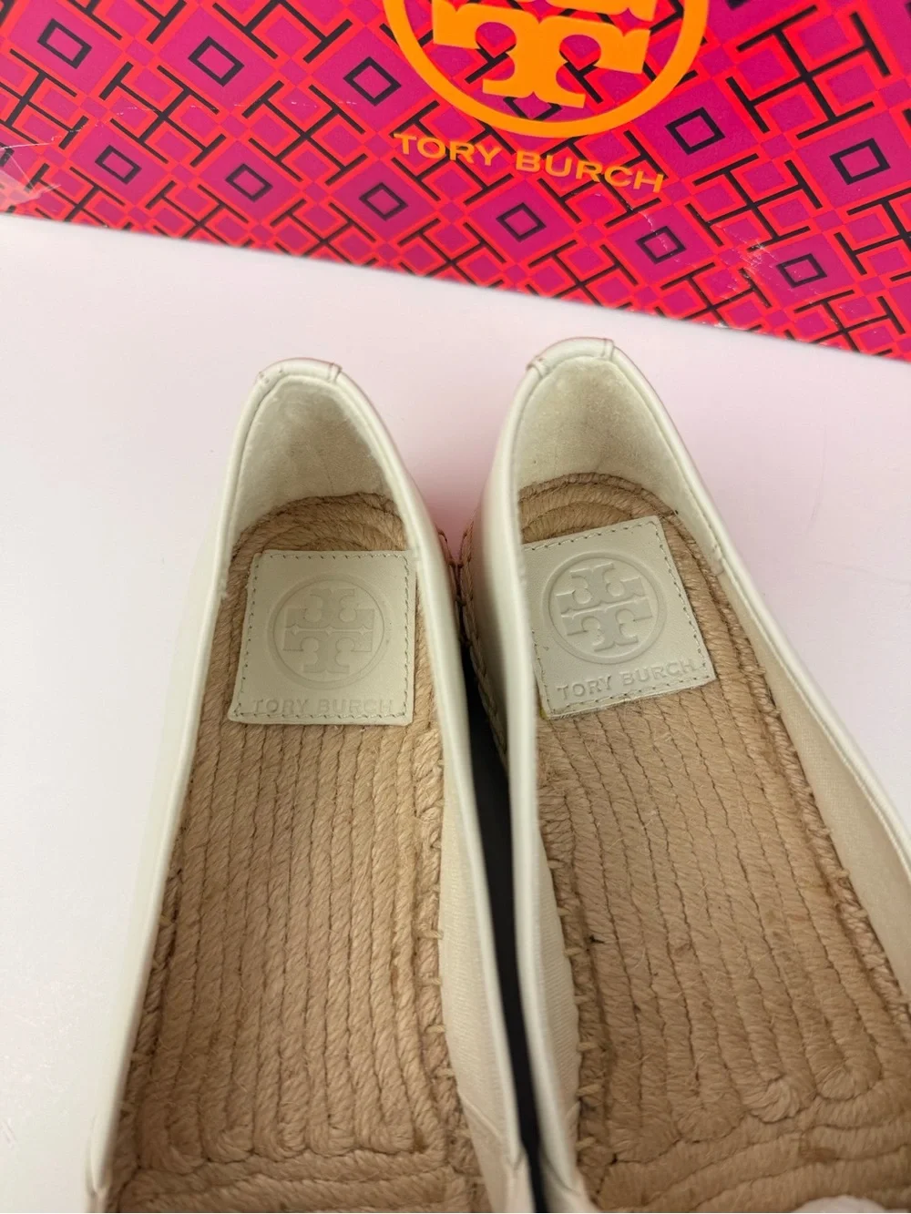 Tory Burch Colorblock Flat Espadrille Nappa Leather Shoes New Ivory/Black 5.5